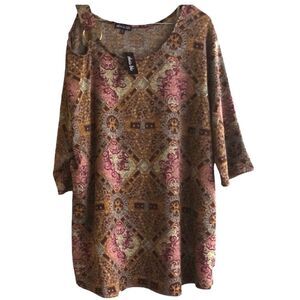 OLIVIA BLU Women’s Plus Top Brown Rose Gold Ring Shoulder. 3/4 Sleeves Size: 2X